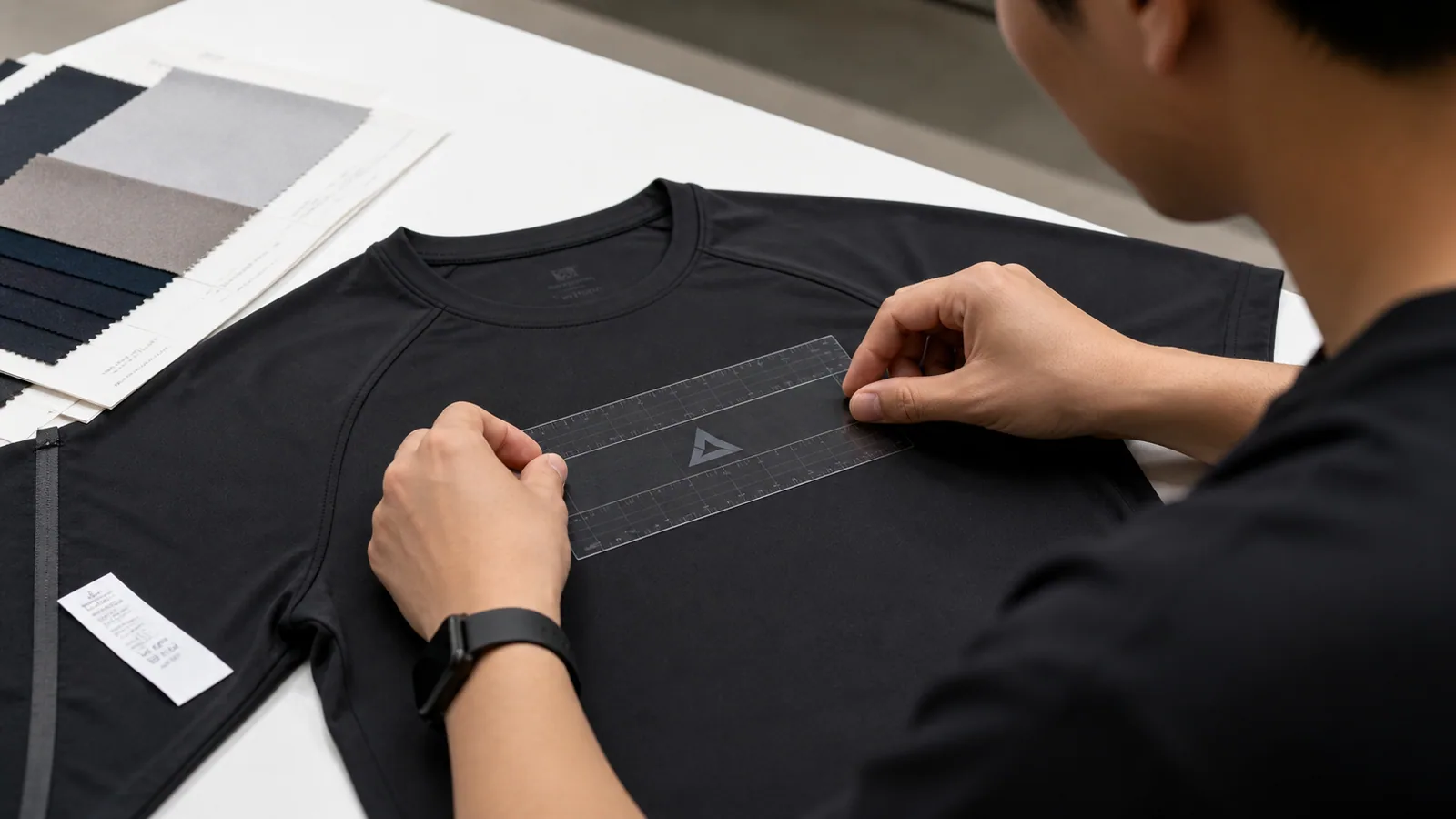 Checking logo placement and application on a private label activewear sample