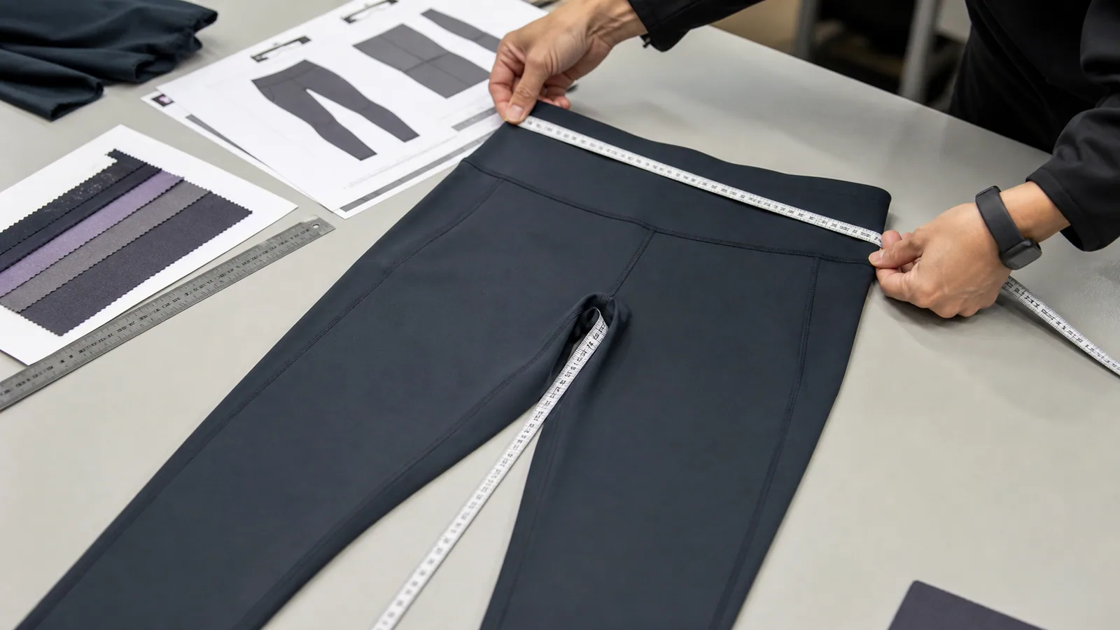 Measuring an activewear sample against approved garment specifications