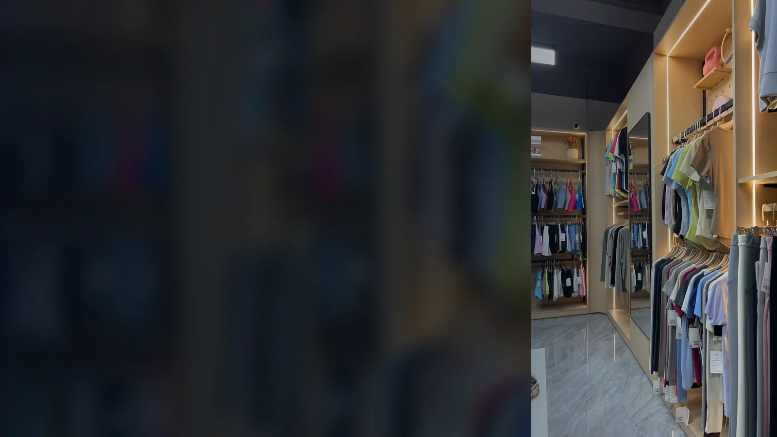 Activewear sample showroom with coordinated tops, sports bras and leggings