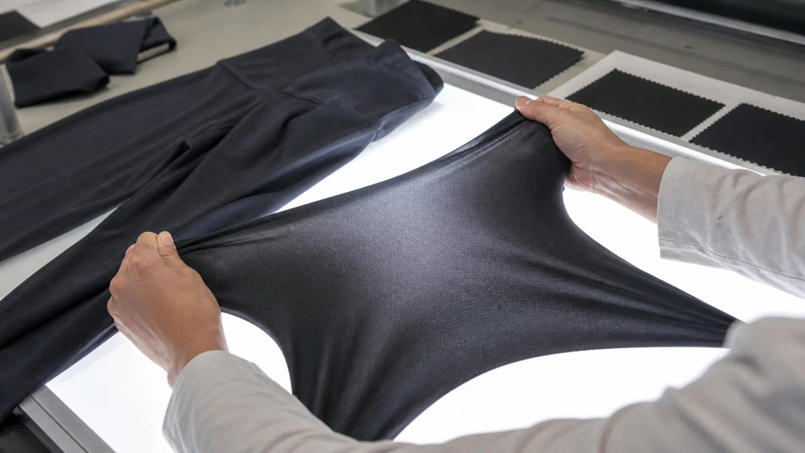 Leggings fabric stretch and opacity evaluation during sample approval